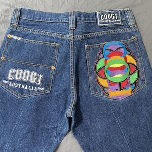 VTG Y2K Coogi Jeans Size 34 x 34 Colorful Pockets Blue Denim Baggy Skater